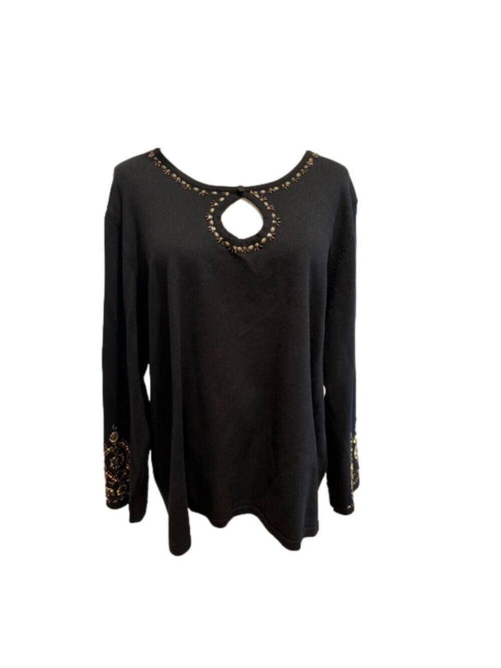 90s CABLE & GAUGE SILK BLEND BLACK JEWELED & SEQUINS SCOOP NECKLINE &  CUFFS 2X - Picture 3 of 8